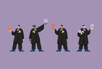 Illustration of lawyers holding different icons